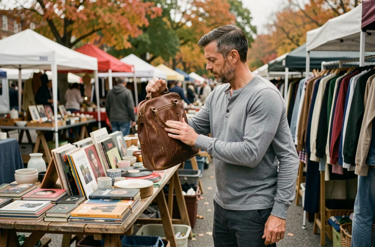 Homme inspectant un sac en cuir vintage sur un marché aux puces en plein air