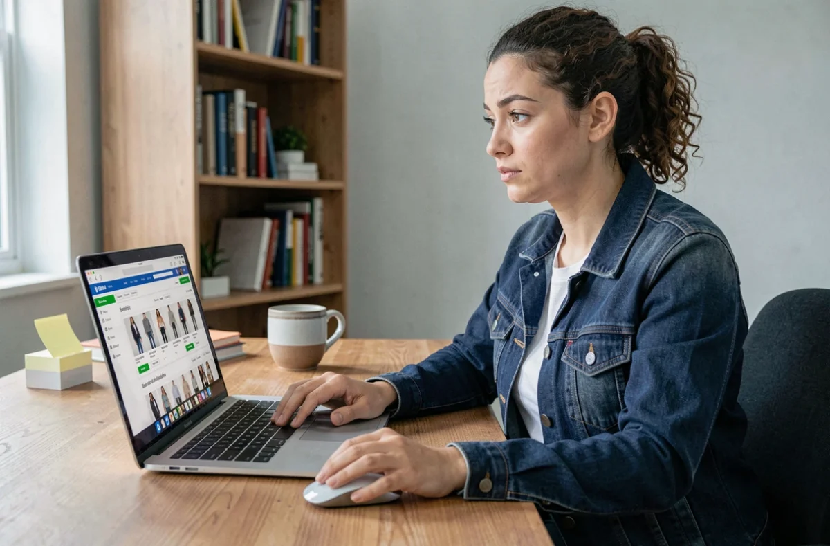 Femme hésitante qui navigue sur une plateforme de revente en ligne comme StockX depuis son bureau