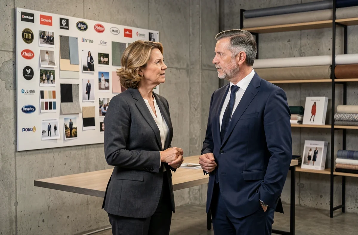 Deux acheteurs professionnels de mode discutant devant un moodboard de marques de luxe dans un studio créatif moderne, illustrant la compétition entre grandes maisons telles que Dior, Chanel et Louis Vuitton.