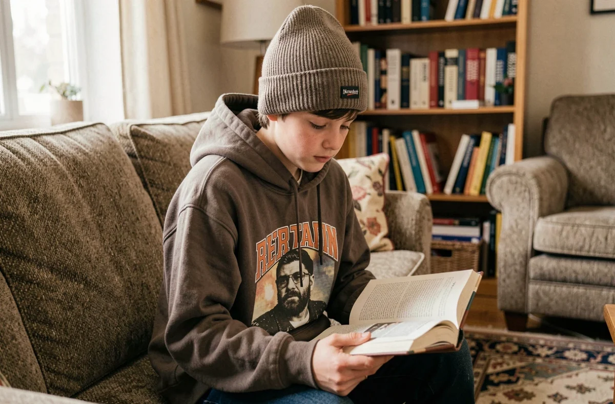 Adolescent portant un bonnet en intérieur assis sur un canapé chez lui en train de lire, illustrant la normalité du port du chapeau à la maison