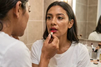 Femme appliquant un rouge à lèvres rouge classique devant un miroir de salle de bain moderne