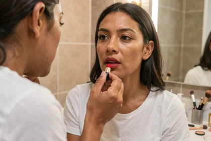 Femme appliquant un rouge à lèvres rouge classique devant un miroir de salle de bain moderne