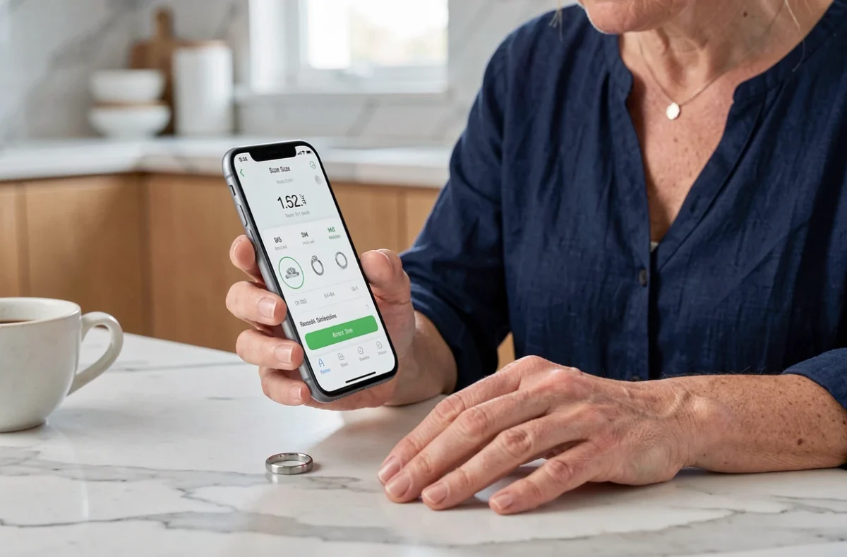 Femme utilisant une application smartphone pour connaître sa taille de bague en ligne