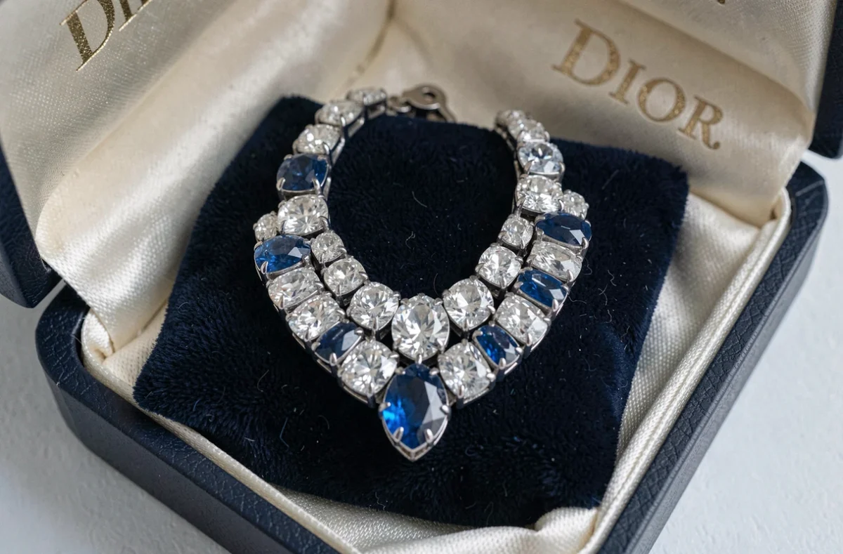 Collier haute joaillerie Dior en diamants et saphirs sur écrin de velours marine, détail macro