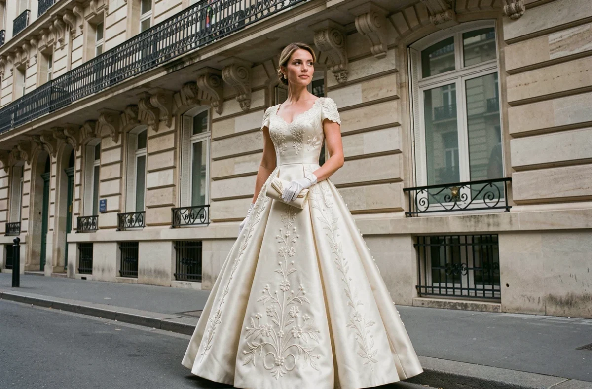 Femme portant une robe haute couture Dior en soie brodée devant un immeuble haussmannien parisien