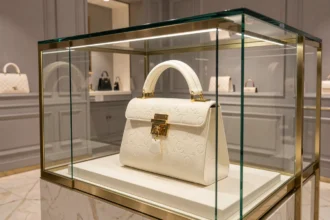 Sac à main Dior haute couture en cuir blanc perle avec ferrures dorées exposé dans une vitrine de la boutique Dior