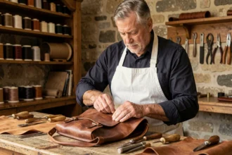 Artisan spécialiste du cuir cousant un sac de luxe dans un atelier parisien traditionnel, évoquant l'origine des grandes maisons de luxe