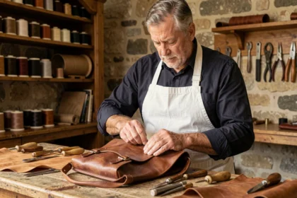 Artisan spécialiste du cuir cousant un sac de luxe dans un atelier parisien traditionnel, évoquant l'origine des grandes maisons de luxe