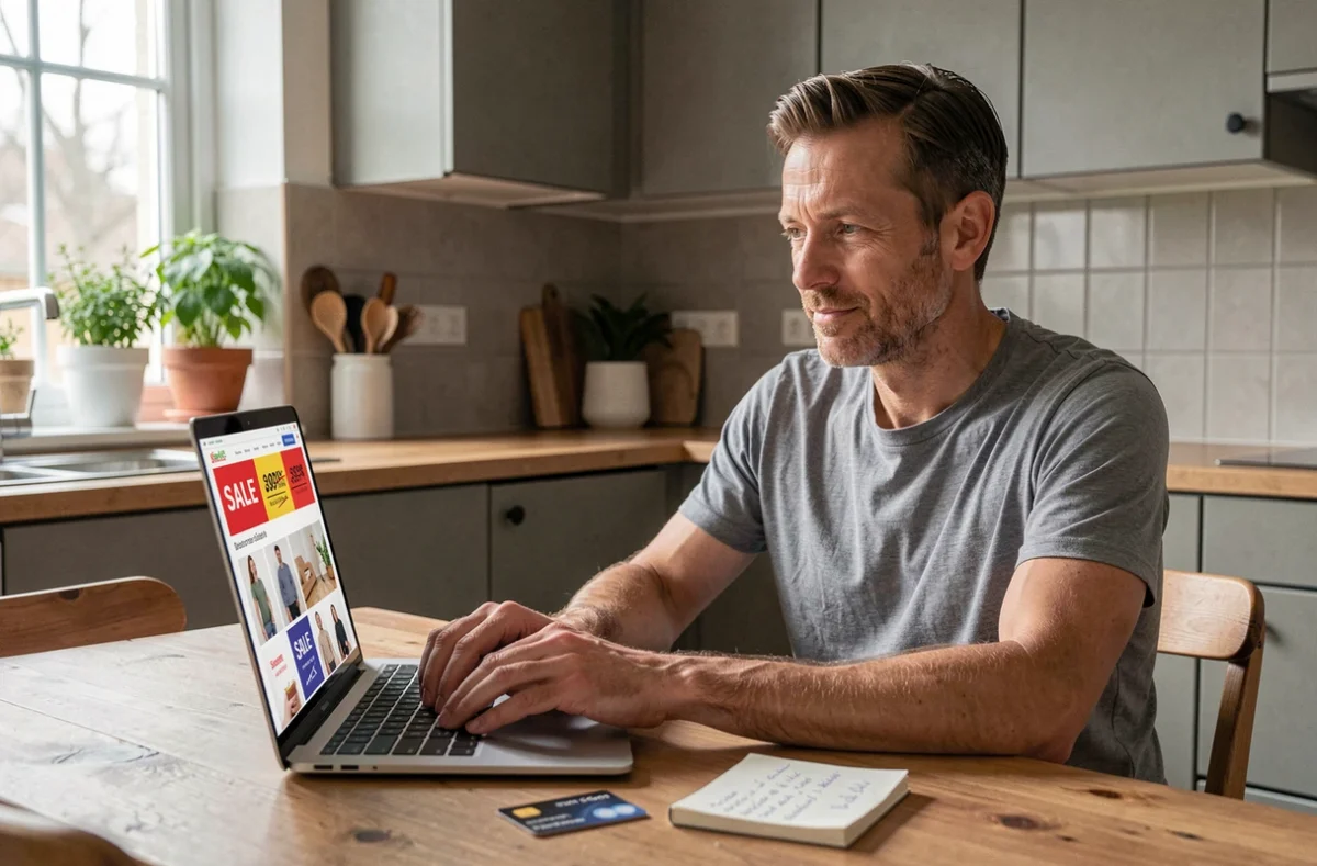 Homme consultant des offres de soldes en ligne sur un ordinateur portable avec une carte bancaire et des notes de budget sur une table
