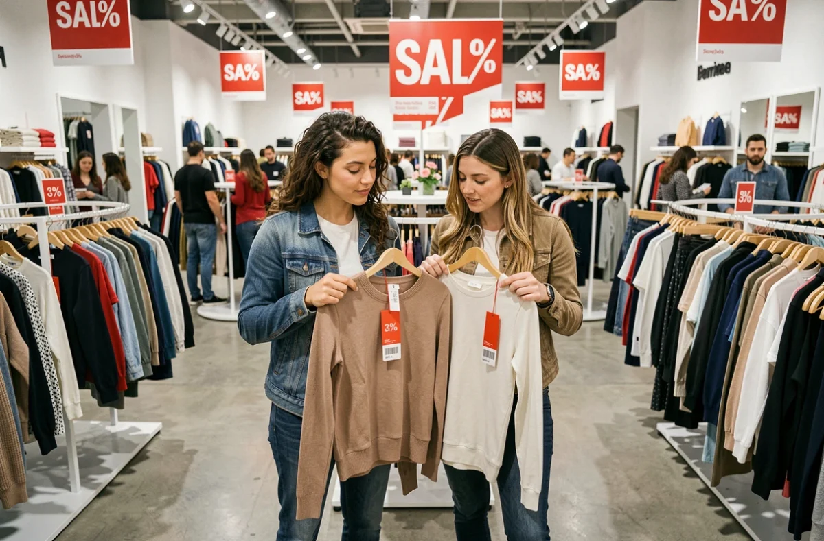Couple en train d'examiner des vêtements soldés dans un magasin avec des étiquettes de réduction bien visibles