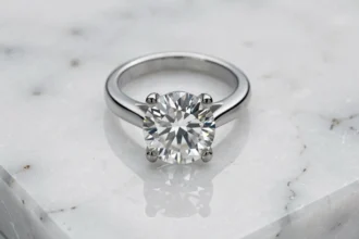 Bague solitaire diamant posée sur marbre blanc, bijou le plus vendu au monde en gros plan