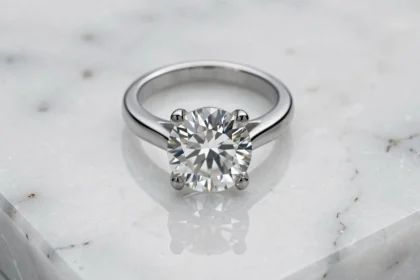 Bague solitaire diamant posée sur marbre blanc, bijou le plus vendu au monde en gros plan