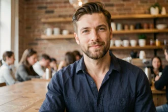 Homme avec une barbe de 3 jours soigneusement taillée dans un café urbain, style casual élégant