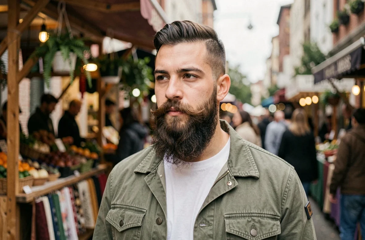 Jeune homme avec une longue barbe hipster soignée au marché de rue, style barbe tendance et moderne en 2026