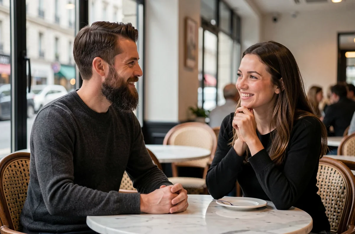 Couple dans un bistrot parisien, femme admirant la barbe pleine et soignée de son compagnon