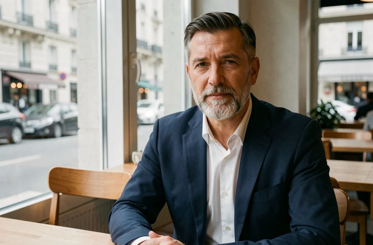 Homme d'affaires élégant avec une barbe de trois jours poivre et sel dans un café parisien, tendances mode masculine 2026