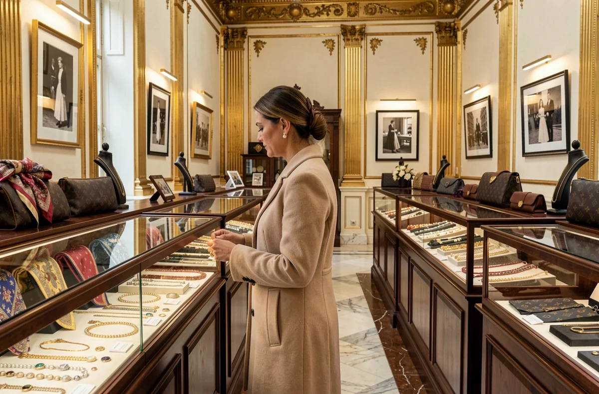 Femme élégante admirant des accessoires de luxe anciens dans une boutique historique aux décors dorés, symbolisant l'histoire des premières maisons de luxe