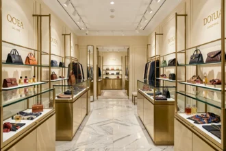 Intérieur d'une boutique de luxe parisienne présentant des sacs, parfums et accessoires haut de gamme dans un décor raffiné en marbre et or brossé, évoquant la rivalité entre grandes maisons de mode comme Dior et ses concurrents.