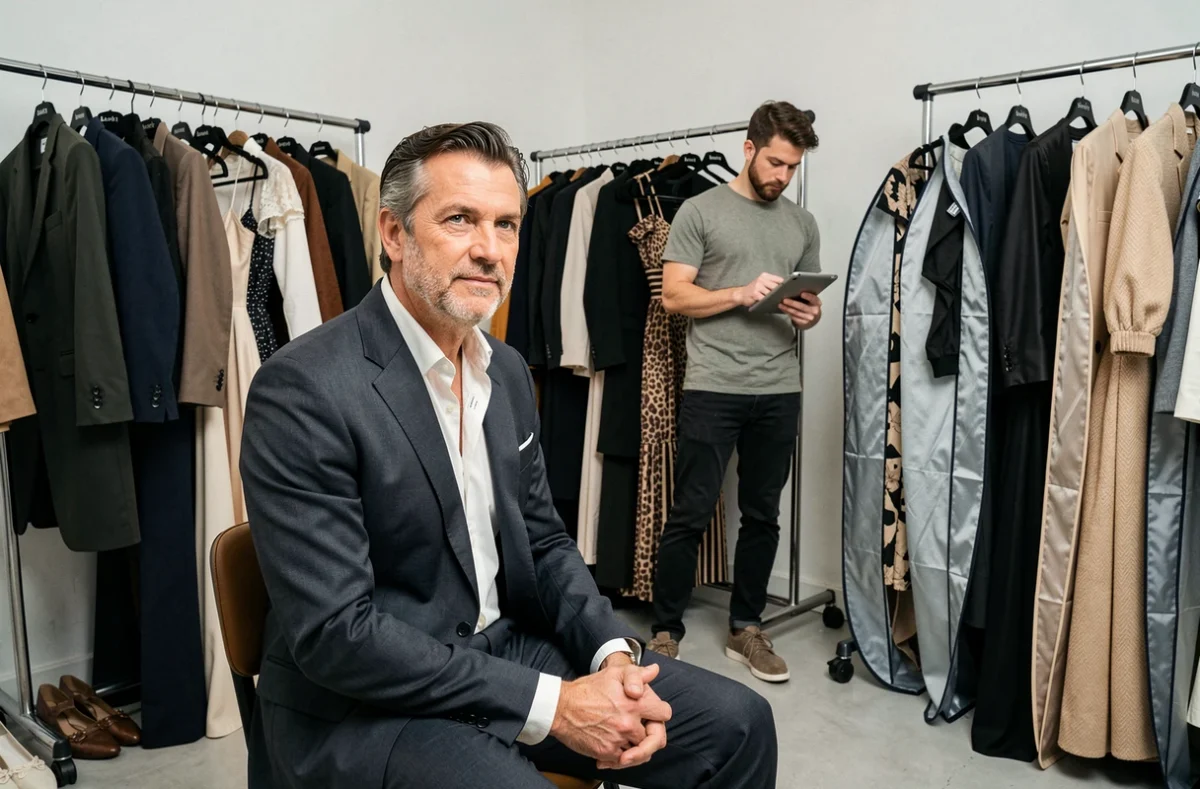 Homme célèbre en costume de créateur dans une loge de stylisme avec des vêtements de haute couture sur portants, évoquant les partenariats mode entre marques et personnalités