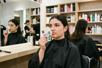 Femme en salon de coiffure analysant la coiffure qui lui convient selon la forme de son visage