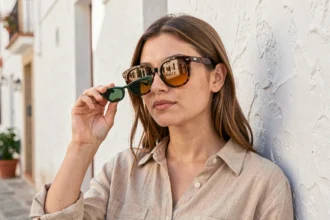 Femme comparant deux paires de lunettes de soleil aux verres ambre et verts dans une rue méditerranéenne