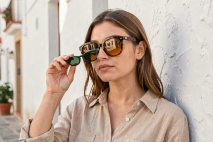 Femme comparant deux paires de lunettes de soleil aux verres ambre et verts dans une rue méditerranéenne