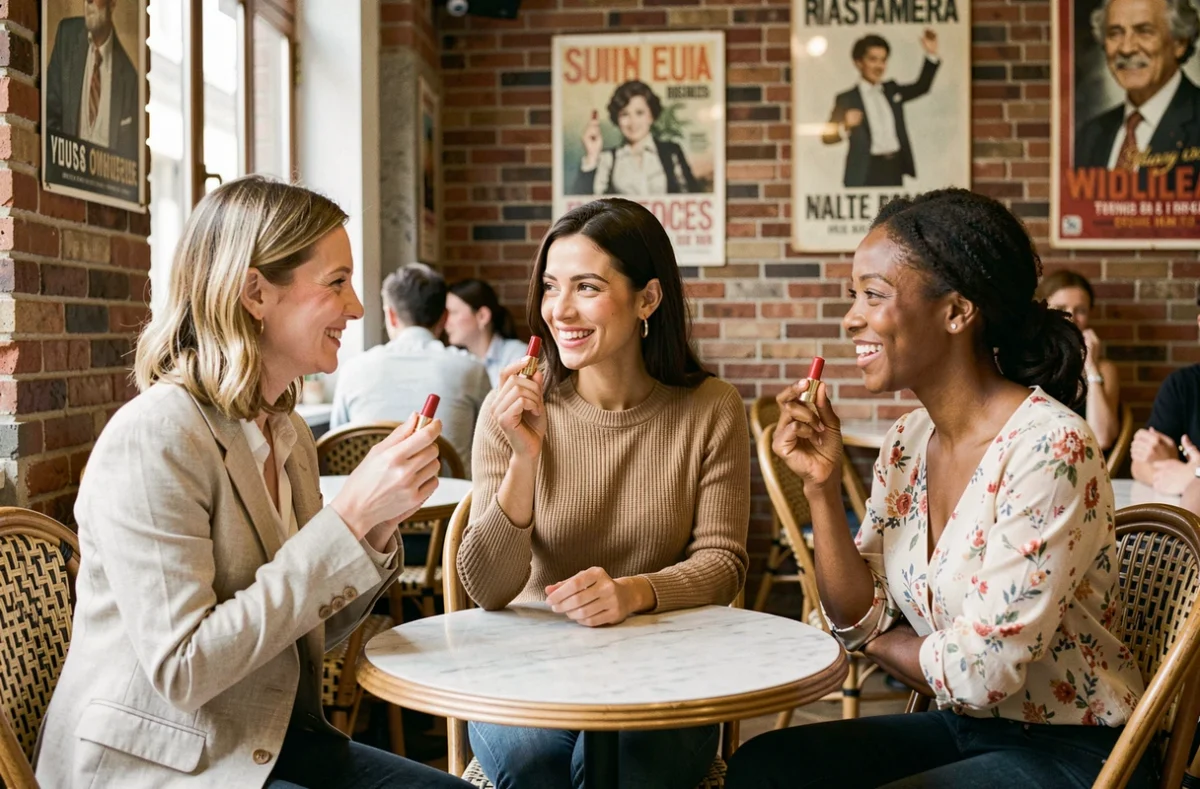 Trois femmes aux carnations différentes comparant des rouges à lèvres rouges dans un café parisien
