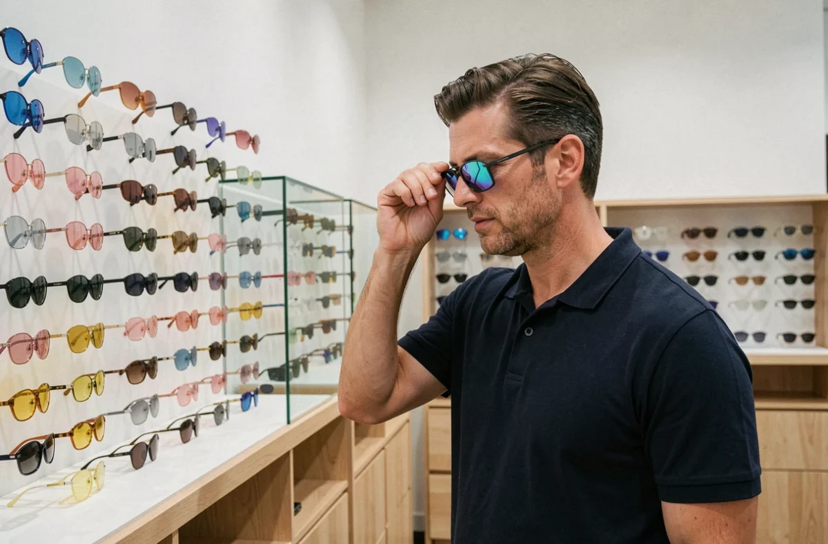 Homme choisissant des lunettes de soleil dans une boutique d'optique moderne face à un présentoir coloré