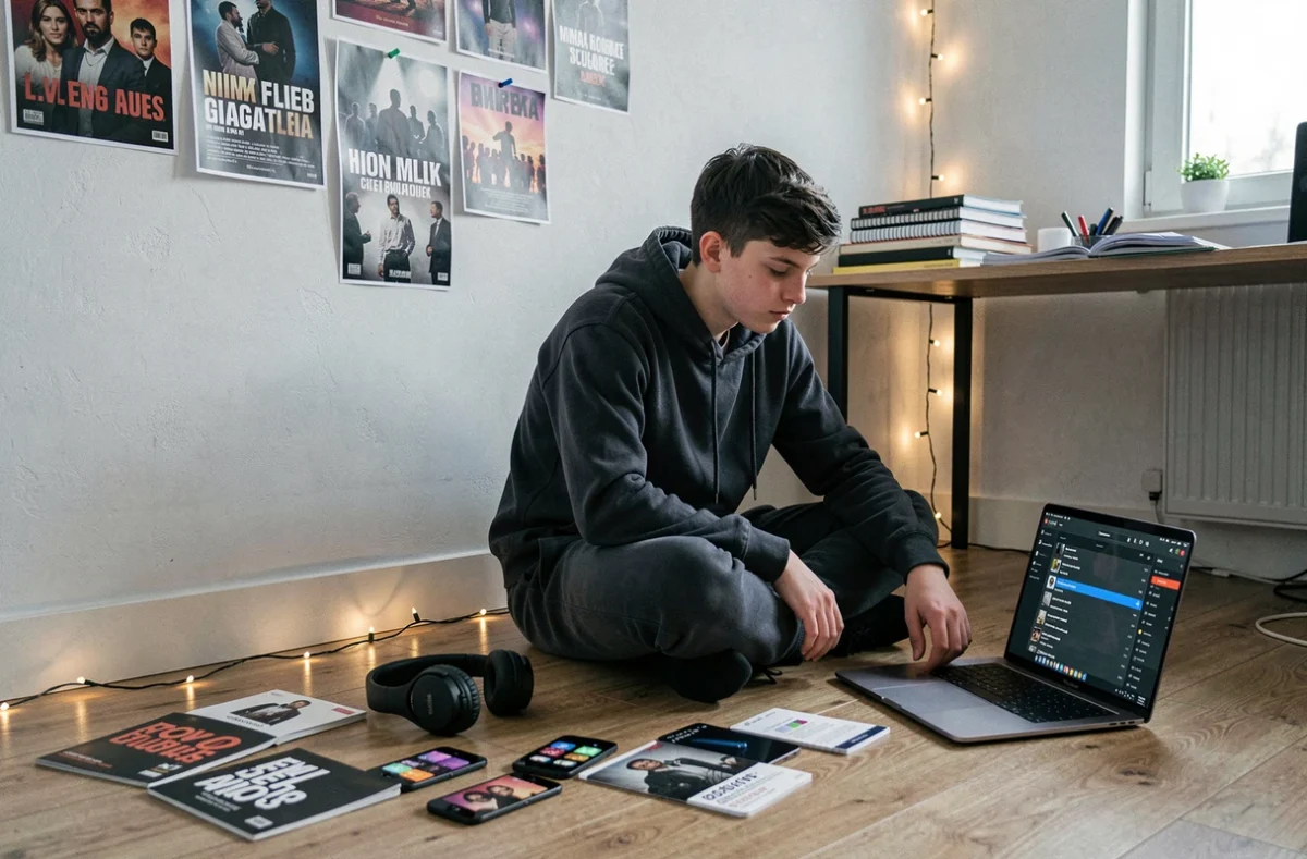 Adolescent découvrant le classement des cinq chansons les plus populaires de 2026 sur son ordinateur portable dans sa chambre