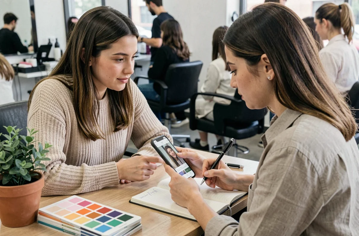 Jeune femme montrant une photo de référence à sa coiffeuse pour exprimer son insatisfaction et ses attentes