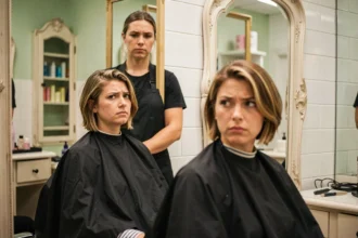 Femme insatisfaite de sa coupe de cheveux regardant son reflet dans le miroir d'un salon de coiffure
