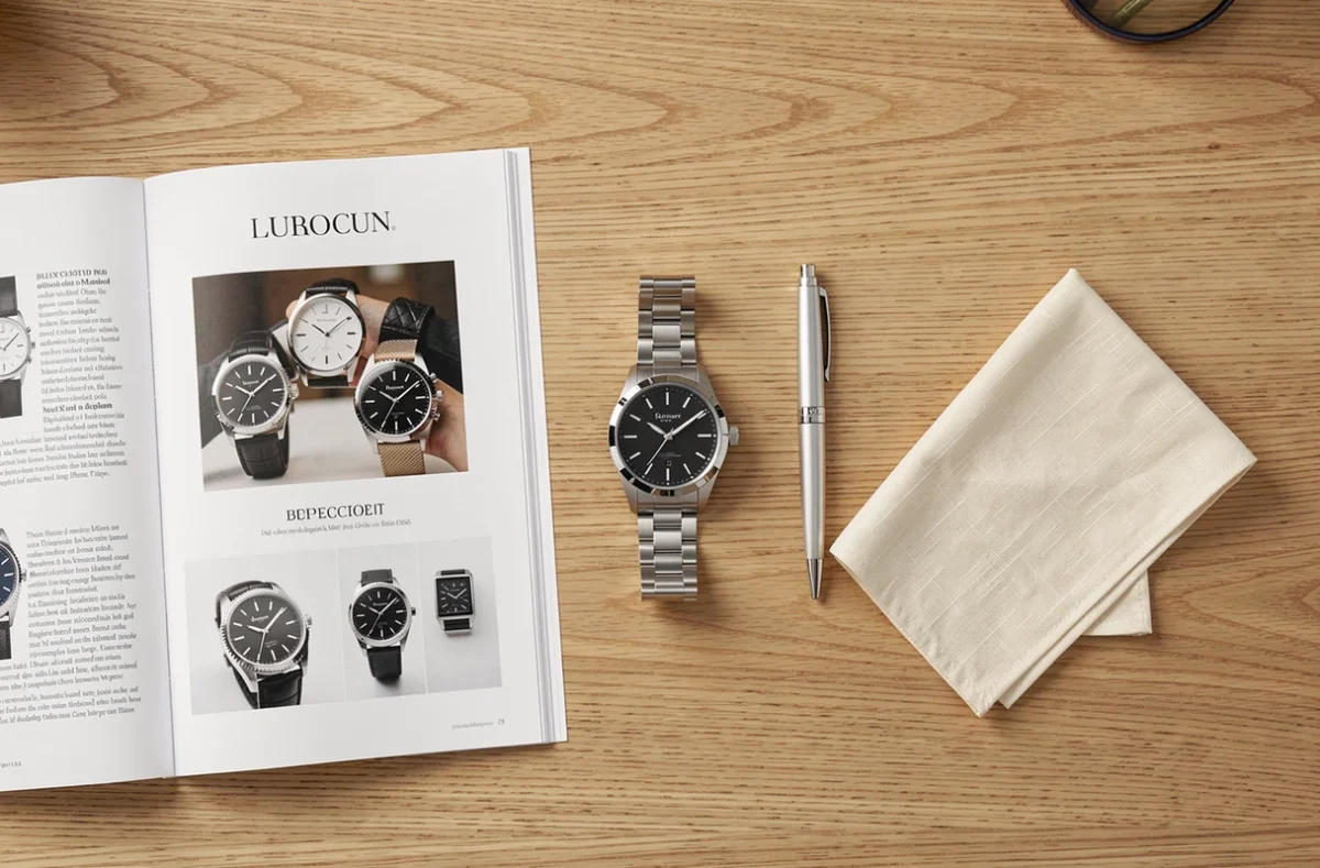 Vue aérienne d'une montre de luxe posée sur un bureau avec un catalogue de marques horlogères haut de gamme, évoquant la comparaison des concurrents de Rolex