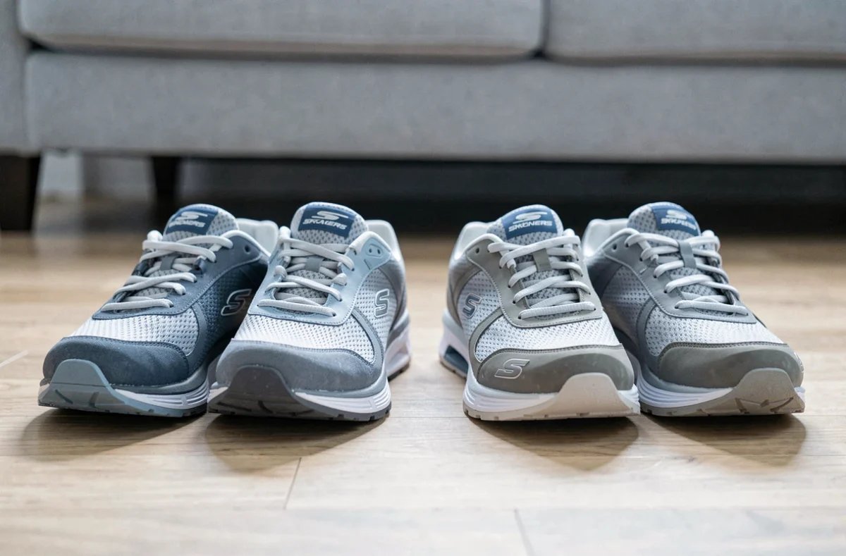 Comparaison côte à côte d'une chaussure Skechers à semelle affaissée et d'une chaussure orthopédique structurée sur parquet en bois