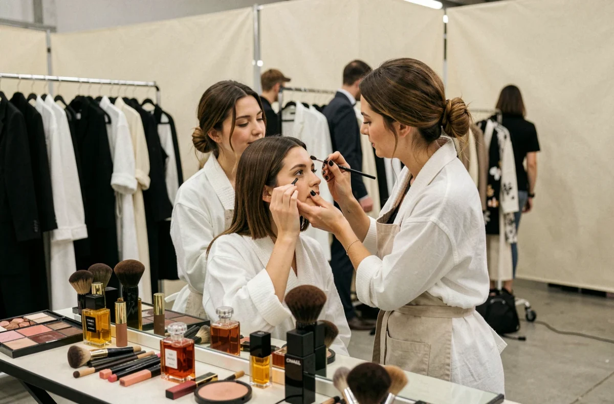 Coulisses du défilé Chanel avec une maquilleuse préparant une mannequin devant un miroir