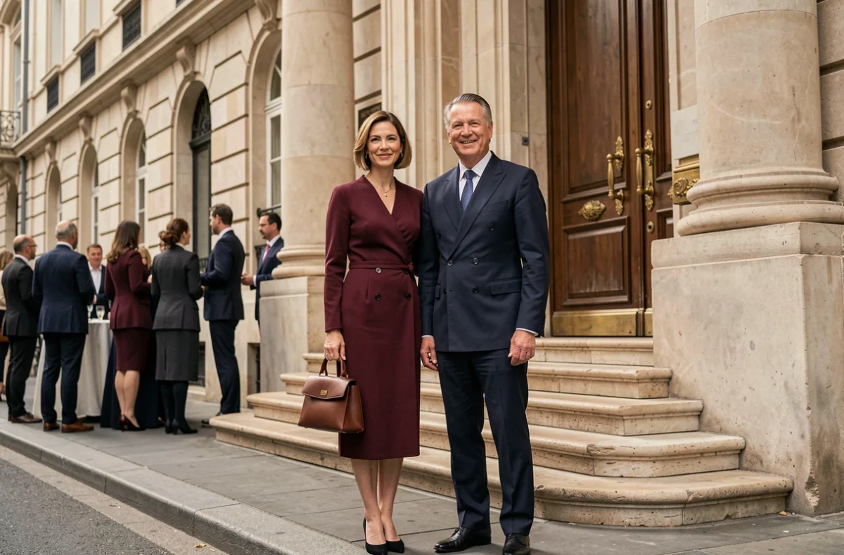 Couple élégamment vêtu devant l'entrée monumentale d'une maison de ventes aux enchères de prestige, illustrant les codes vestimentaires appropriés pour ce type d'événement