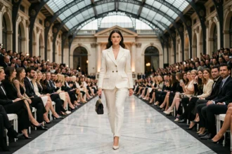 Défilé Chanel au Grand Palais de Paris avec une mannequin en tailleur tweed ivoire sur le catwalk