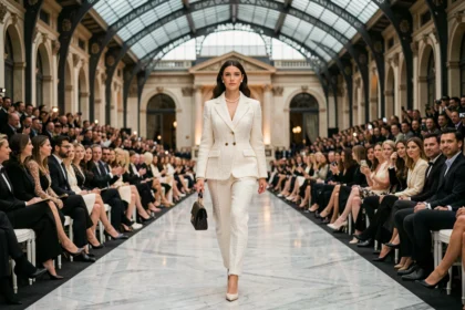 Défilé Chanel au Grand Palais de Paris avec une mannequin en tailleur tweed ivoire sur le catwalk