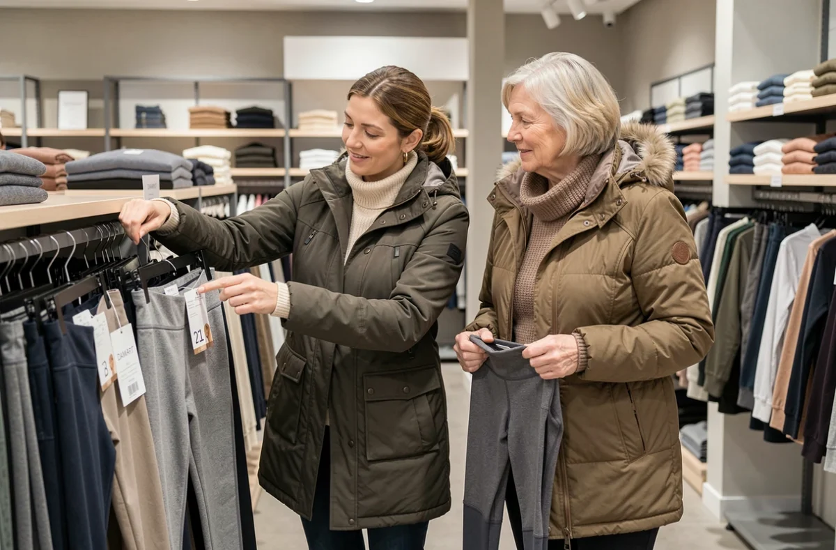 Deux femmes comparant les tailles de leggings thermiques Damart dans un rayon de magasin de vêtements