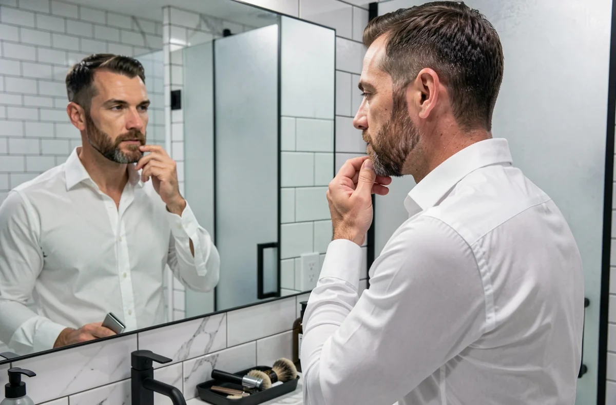 Homme soignant sa barbe dessinée devant un miroir de salle de bain moderne avec des accessoires de rasage