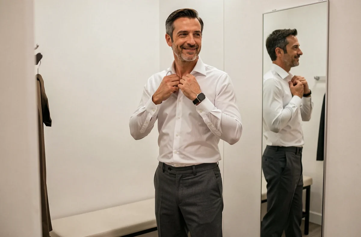 Homme essayant une chemise taille 46 dans une cabine d'essayage moderne avec miroir