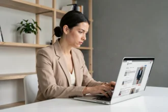 Femme consultant des avis clients sur le site Farfetch depuis un bureau à domicile, expression dubitative face à l'écran