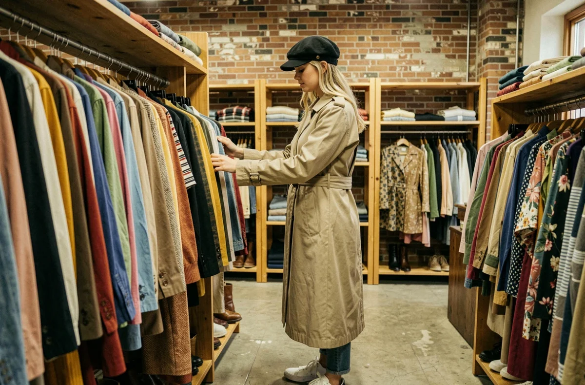 Jeune femme avec une casquette plate noire dans une boutique de vêtements vintage en train de parcourir des portants