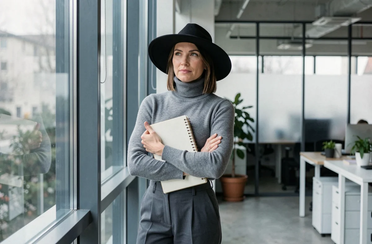 Femme portant un chapeau à bord large noir dans un bureau moderne, questionnant les codes vestimentaires et le port du chapeau en intérieur
