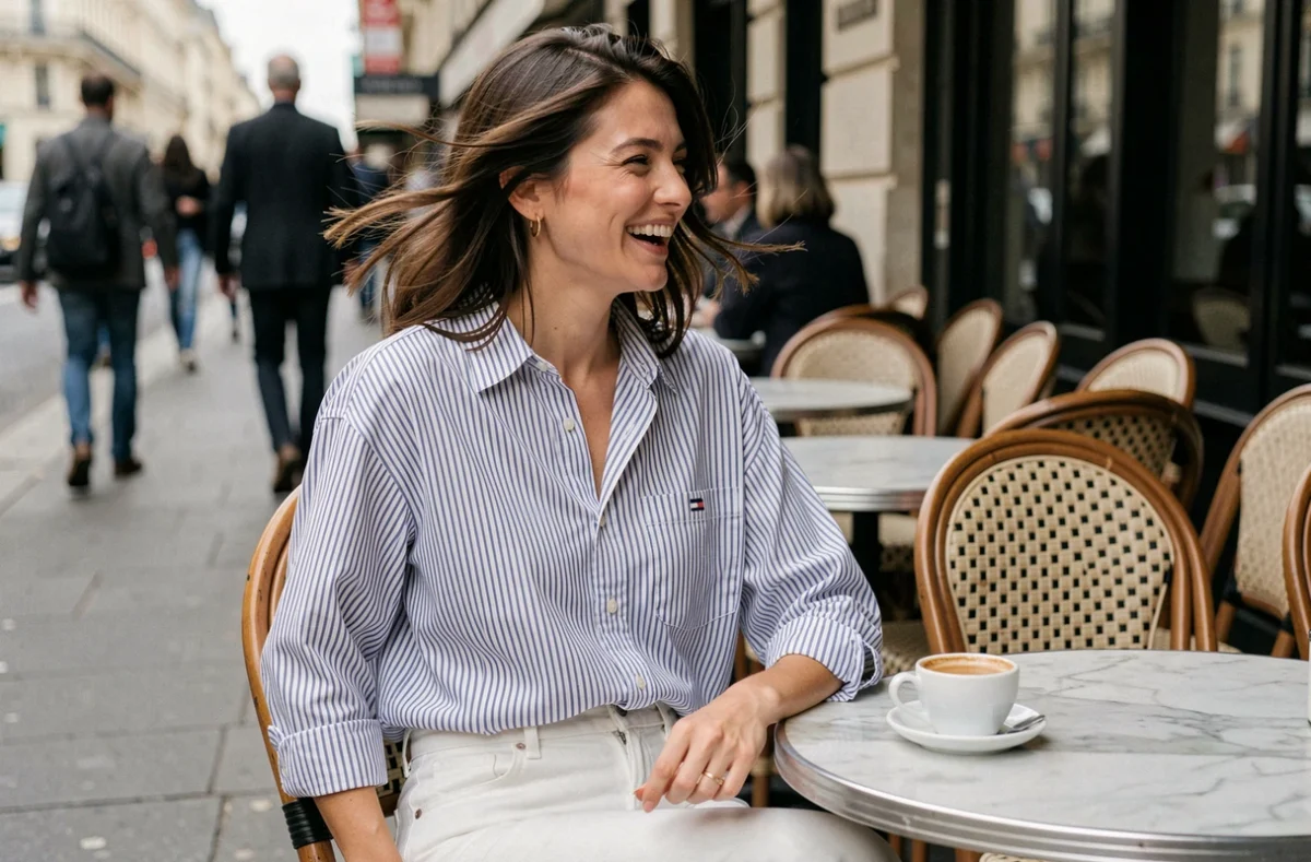 Femme élégante en chemise rayée Tommy Hilfiger assise en terrasse de café, look lifestyle chic et décontracté