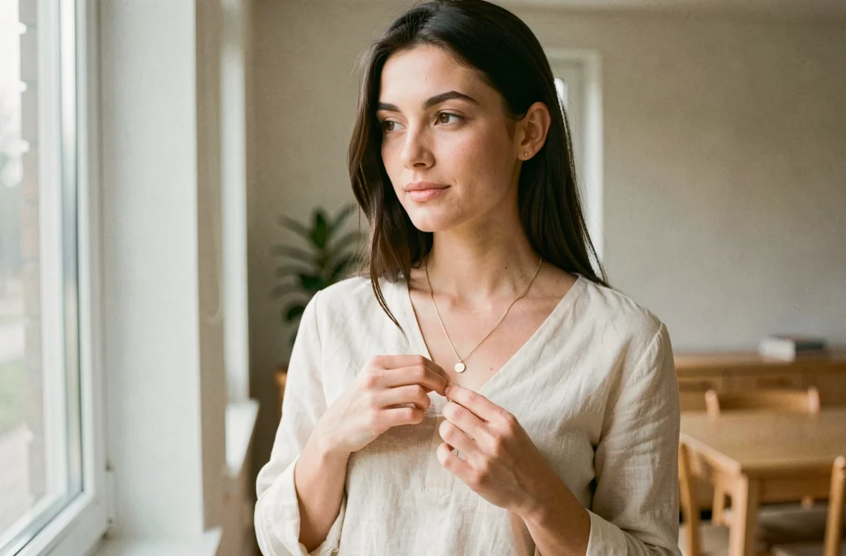 Femme portant un collier chaîne en or avec pendentif, bijou tendance dans un appartement minimaliste