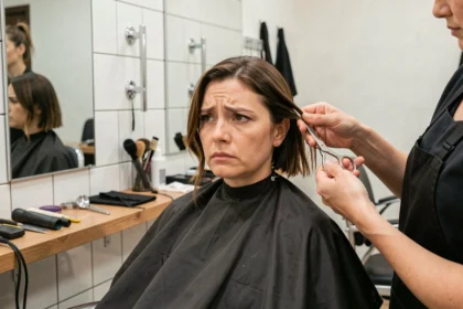 Femme insatisfaite exprimant son mécontentement à son coiffeur dans un salon de coiffure moderne