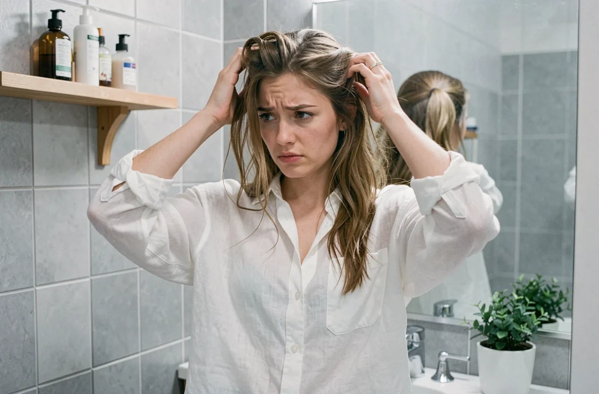 Jeune femme examinant sa coupe de cheveux avec insatisfaction devant son miroir de salle de bain