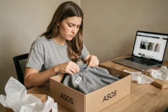 Femme inspectant un vêtement reçu dans un colis ASOS pour vérifier son authenticité