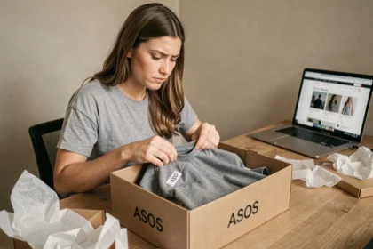 Femme inspectant un vêtement reçu dans un colis ASOS pour vérifier son authenticité