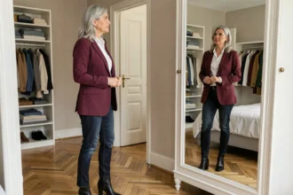 Femme de 58 ans élégante en blazer bordeaux évaluant sa tenue devant un miroir dans un appartement parisien